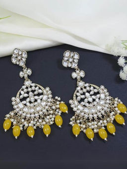 I Jewels - Gold Plated Traditional Yellow Kundan Pearl Chandbali Earrings