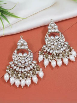 I Jewels - White Traditional Gold Plated Kundan Pearl Chandbali Earrings