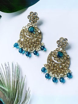 I Jewels - Teal Handcrafted Gold Plated Kundan Floral Design Chandbali Earrings