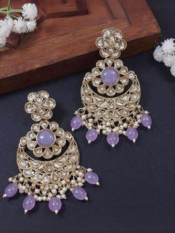 I Jewels - Lavender Handcrafted Gold Plated Kundan Floral Design Chandbali Earrings