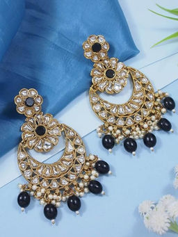 I Jewels - Black Handcrafted Gold Plated Kundan Floral Design Chandbali Earrings