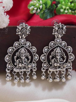 I Jewels - Ethnic Ganesha Design Silver Oxidized Earrings