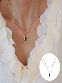 AQUASTREET - Black Gemstone Oval Layered Necklace 18K Gold Plated Waterproof Anti-Tarnish