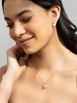 AQUASTREET - Zircon And White Pearl Necklace Earrings Set 18K Plated Waterproof Anti-Tarnish