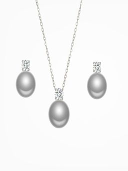 AQUASTREET - Zircon And Grey Pearl Necklace Earrings Set 18K Plated Waterproof Anti-Tarnish