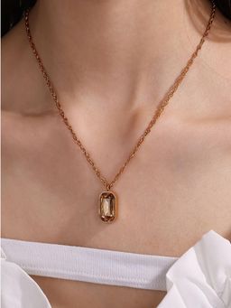 AQUASTREET - Brown Zircon Square Drop Pendant Necklace 18K Plated Waterproof Anti-Tarnish