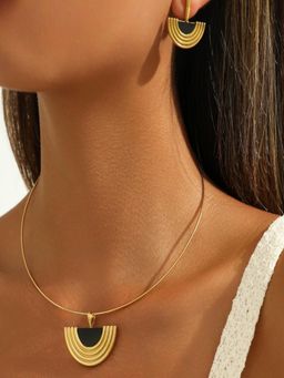 AQUASTREET - Black Semi Circle Necklace And Earring Set 18K Plated Waterproof Anti-Tarnish