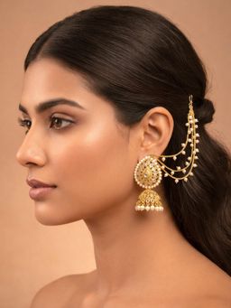 Accessher - Gold Teardrop Kundan Jhumka Earrings With Pearl Kaanchain
