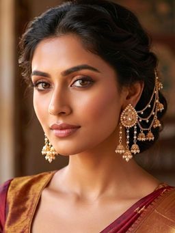 Accessher - Gold Oval Kundan Bridal Jhumka Earrings With Pearl Ear Chain