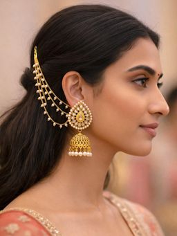 Accessher - Gold Kundan Bridal Jhumka Earrings With Warm Pearl Ear Chains
