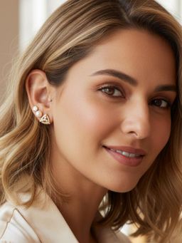 Accessher - Gold Triangle Pearl And Crystal Stud Earrings (Pack Of 3)