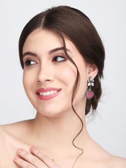 Anvik - Silver Oxidised Finish Ad Stone Drop Earring Pink