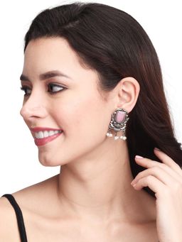 Anvik - Silver Oxidised Pink Drop Earrings