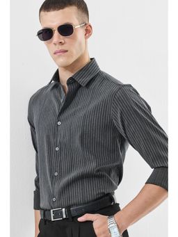Snitch - Men Dark Grey Stripes Slim Fit Formal Shirt