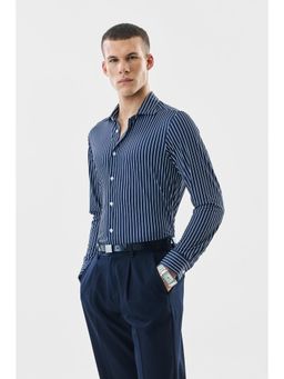 Snitch - Men Navy Blue Stripes Slim Fit Formal Shirt