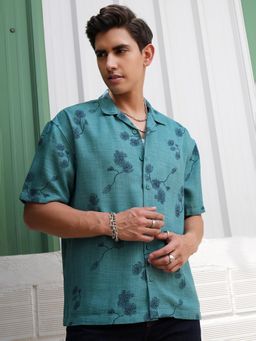 LOCOMOTIVE - Men Teal Floral Oversized Fit Casual Shirt