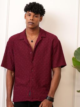 LOCOMOTIVE - Men Maroon Textured Oversized Fit Casual Shirt