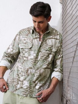 LOCOMOTIVE - Men Green Abstract Relaxed Fit Casual Shirt