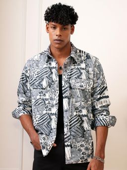 LOCOMOTIVE - Men Grey Abstract Relaxed Fit Casual Shirt