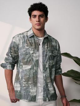 LOCOMOTIVE - Men Grey Abstract Relaxed Fit Casual Shirt