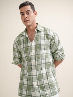 LOCOMOTIVE - Men Olive Checks Relaxed Fit Casual Shirt