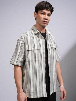 LOCOMOTIVE - Men Off White Stripes Relaxed Fit Casual Shirt