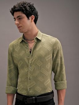 LOCOMOTIVE - Men Olive Self Design Slim Fit Party Shirt