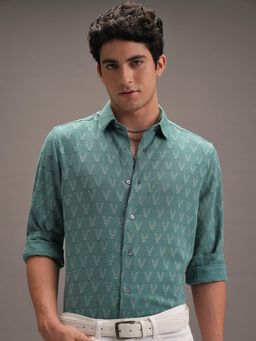 LOCOMOTIVE - Men Green Textured Slim Fit Party Shirt