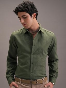 LOCOMOTIVE - Men Olive Textured Slim Fit Party Shirt