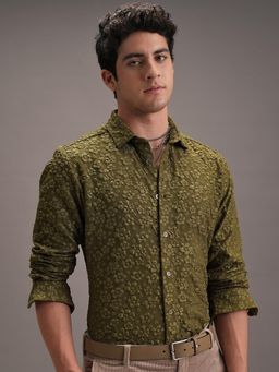LOCOMOTIVE - Men Olive Floral Self Design Slim Fit Party Shirt