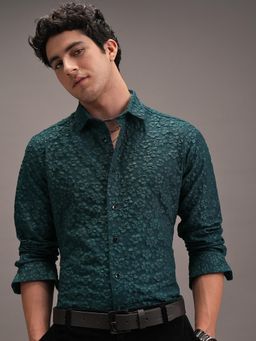 LOCOMOTIVE - Men Teal Floral Self Design Slim Fit Party Shirt