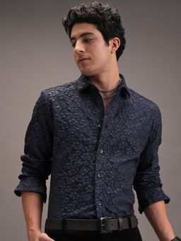 LOCOMOTIVE - Men Navy Blue Floral Self Design Slim Fit Party Shirt