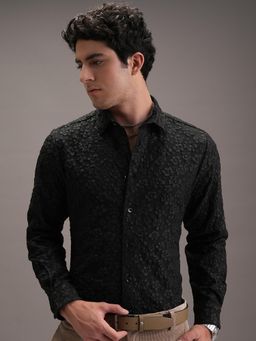 LOCOMOTIVE - Men Black Floral Self Design Slim Fit Party Shirt