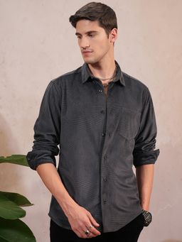 LOCOMOTIVE - Men Charcoal Textured Slim Fit Party Shirt