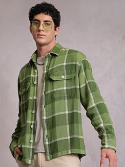 LOCOMOTIVE - Men Olive Checks Relaxed Fit Casual Shirt