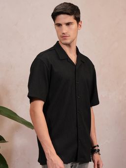 LOCOMOTIVE - Men Black Textured Relaxed Fit Casual Shirt