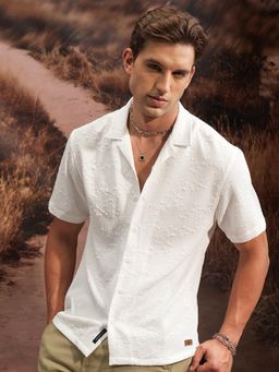 LOCOMOTIVE - Men White Self Design Relaxed Fit Party Shirt