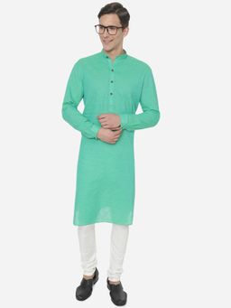 JB Studio - Men Aqua Green Cotton Regular Fit Solid Modi Kurta