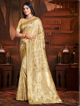 Sangam Prints - Beige Silk Woven Work Traditional Saree with Unstitched Blouse
