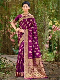 Sangam Prints - Wine Silk Woven Work Traditional Saree with Unstitched Blouse