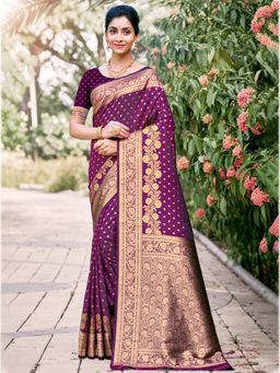 Sangam Prints - Wine Silk Woven Work Traditional Saree with Unstitched Blouse
