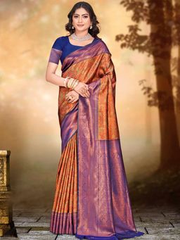 Sangam Prints - Orange Silk Woven Work Traditional Saree with Unstitched Blouse