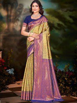 Sangam Prints - Yellow Silk Woven Work Traditional Saree with Unstitched Blouse