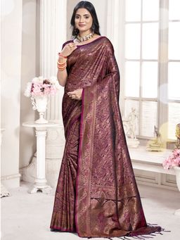 Sangam Prints - Wine Silk Woven Work Traditional Saree with Unstitched Blouse