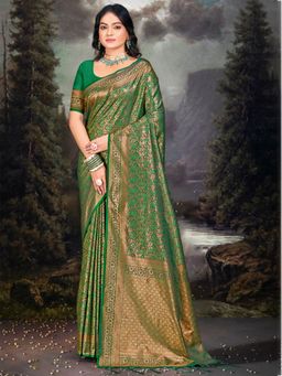 Sangam Prints - Green Silk Woven Work Traditional Saree with Unstitched Blouse