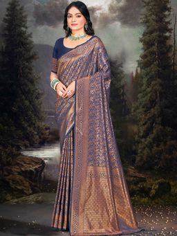 Sangam Prints - Navy Blue Silk Woven Work Traditional Saree with Unstitched Blouse