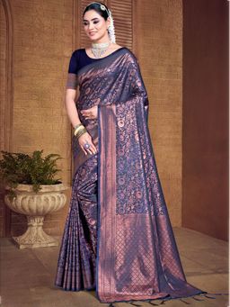 Sangam Prints - Navy Blue Silk Woven Work Traditional Saree with Unstitched Blouse