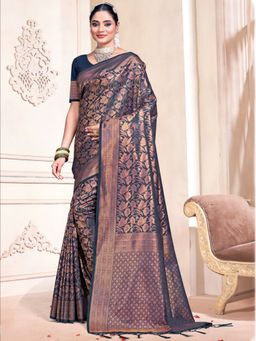 Sangam Prints - Navy Blue Silk Woven Work Traditional Saree with Unstitched Blouse