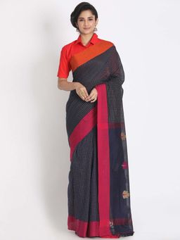 Beatitude - Navy Blue Shade Cotton Handwoven Saree with Unstitched Blouse