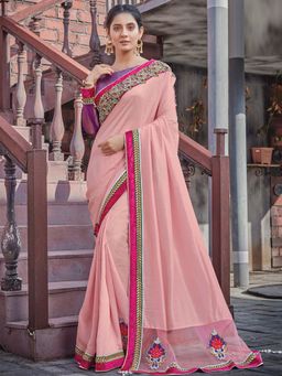 Odette - Pink Colour Silk Georgette Embroidered Saree with Unstitched Blouse